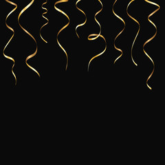 Gold serpentine and confetti isolated on black  background. Vector illustration.