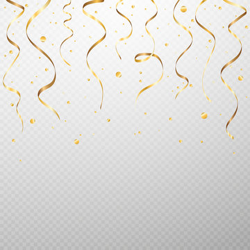 Gold serpentine and confetti isolated on transparent background. Vector illustration.