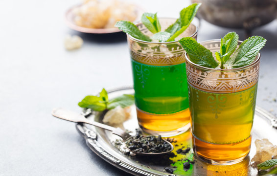 Mint, green tea, Moroccan traditional drink. Copy space.