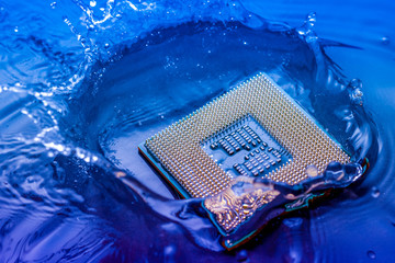 technology cyber electronic concept. cpu ram computer Fall into the water on blue light background....