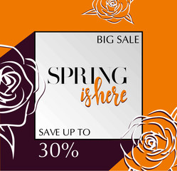 Design banner with lettering spring is here logo. Card for spring season with black frame and rose. Promotion offer with spring roses flower decoration. Vector