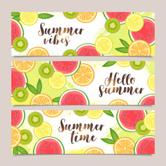 Set of horizontal vector summer banners with fruits. Citrus, orange, lemon, watermelon and kiwi fruits slices. Design template.