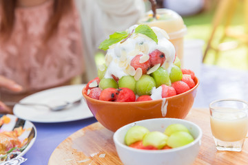 Melon Bingsu fruit Korean iced dessert sweet in summer season hot day