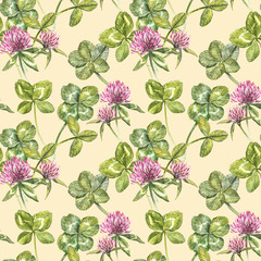 Clover leaf and flowers hand drawn seamless pattern watercolor illustration. Happy Saint Patricks Day.