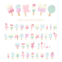 Fototapeta na wymiar Ice cream eskimo font. Popsicle colorful letters and numbers for summer design. Pastel pink and blue colors. Isolated on white.