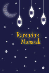 Naklejka premium Greeting card Ramadan with moon and lanterns