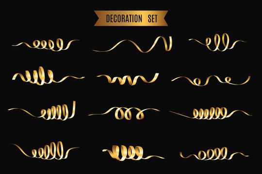 Gold serpentine and confetti isolated on black background. Vector illustration.