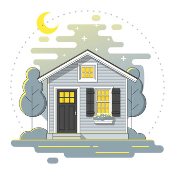 recommend clip art: Small house and beautiful rural landscape night scene background in flat line art style , vector , illustration
