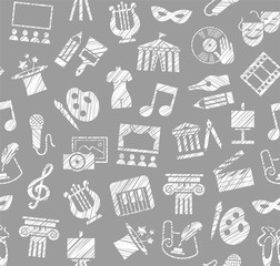 Culture and art, seamless pattern, shading pencil, gray, vector. Leisure and cultural centres. Cultural events and the attributes of art. White icons on a gray field. Vector picture.  