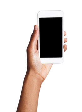 Black hand holding mobile smart phone with blank screen