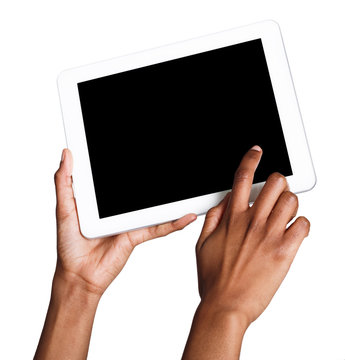 Holding and pointing to blank screen on tablet
