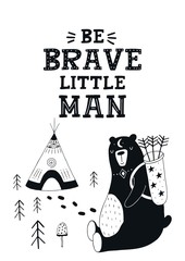 Little Explorer - Cute hand drawn nursery poster with big bear and lettering in scandinavian style.