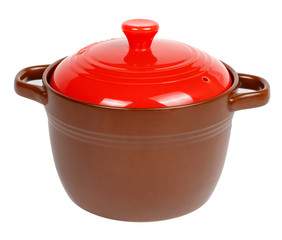 brown saucepan with red lid on white background