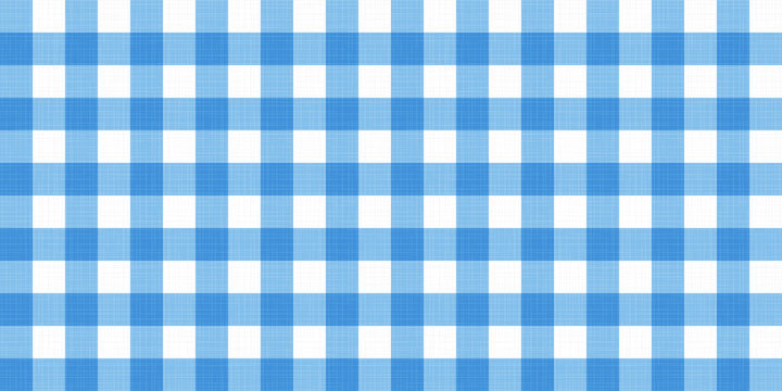 Vector Gingham Striped Checkered Blanket Tablecloth. Seamless White Blue Table Cloth Napkin Pattern Background With Natural Textile Texture. Country Fabric Material For Breakfast Or Dinner Picnic