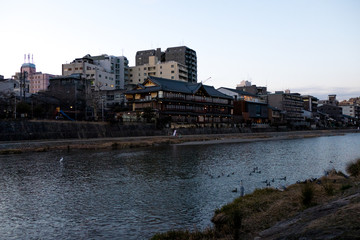 Anochecer en el barrio de Pontocho en Kioto, Japón