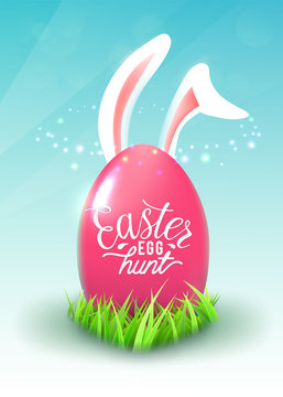 Easter egg hunt quote poster with big ping egg, easter bunny ears, green graas