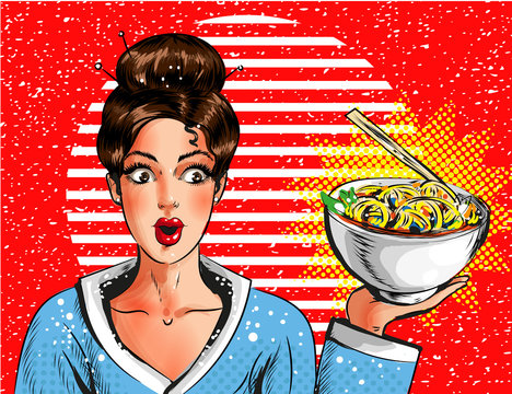 Vector pop art pretty young girl holding bowl with pasta