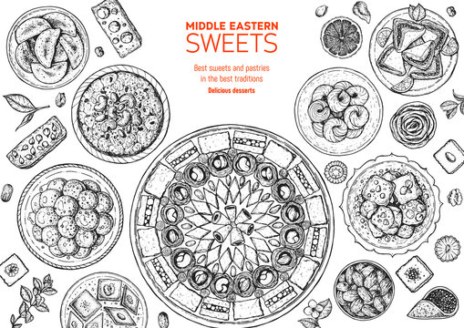 Oriental sweets vector illustration. Middle eastern food, hand drawn sketch. Linear graphic. Food menu background.