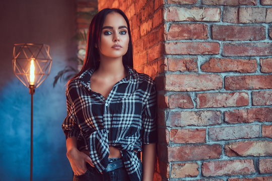 Portrait of an attractive brunette dressed in flannel shirt