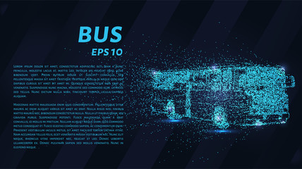 The bus from the particles. The bus consists of dots and circles. The blue bus on a dark background.