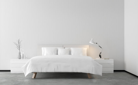 Minimal style bedroom 3d rendering image.There are concrete floor,Decorate wall with white wood lattice and finished with white furniture.