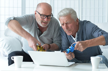 two senior men  playing on laptop