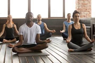  Group of young sporty afro american and caucasian people practicing yoga lesson, sitting in Sukhasana exercise, Easy Seat pose with mudra gesture, working out, students training in sport club, studio © fizkes