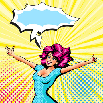 Vector pop art illustration of happy girl with hands outstretched