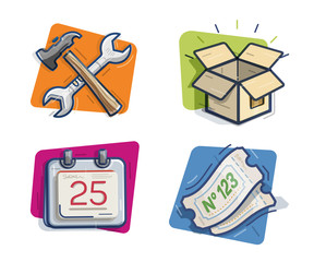 icons color box, work, calendar, tiket