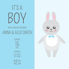 Cute baby shower boy invite card vector template. Cartoon animal illustration. Design with little bunny and bowtie on blue background. Kids newborn nursery poster or birthday party print.