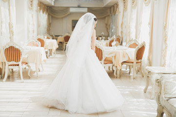Beautiful bride wearing fashion wedding dress with feathers with luxury delight make-up and hairstyle, studio indoor photo shoot