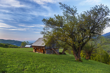 Rural farm with old wooden hut at sunset near Bran, Transylvania