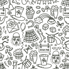 St patrick day irish seamless pattern. Holiday symbols - irish hat, green beer, horseshoe, pot with golden coins,flags on white background.Hand draw doodle style vector illustration.