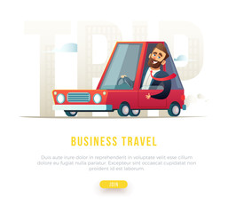 Cheerful bearded businessman in suit driving a car. Concept business travel illustration.