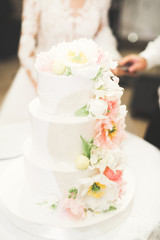 Bride and groom at wedding cutting the wedding cake
