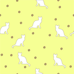 Cute seamless pattern with cats, paw prints