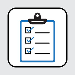 Clipboard or checklist icon. Blue and black colors. Vector illustration