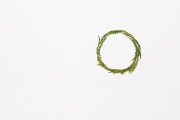 Wreath from green leaves on white background, flat lay
