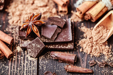 Chocolate bar pieces. Background with chocolate. Sweet food photo concept. The chunks of broken chocolate