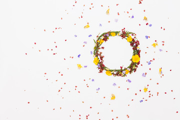 Meadow leaves and flowers in wreath on white background with violet flowers and yellow  around