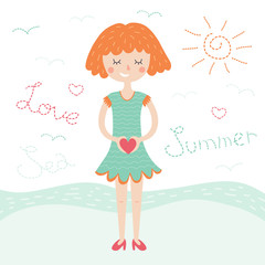 Vector card with cute girl holding heart. Romantic  illustration in cartoon style for school books, print, T-shirt graphic, vintage postcard.