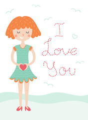 Vector card with cute girl holding heart. Romantic  illustration in cartoon style for school books, print, T-shirt graphic, vintage postcard.