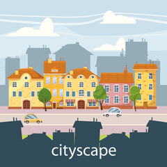 Cute cityscape, beautiful houses, cartoon style, isolated, vector, illustration