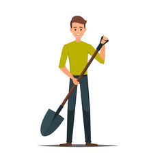 Farmer in working  clothes with a shovel in hand. farming, gardening, agriculture and people concept