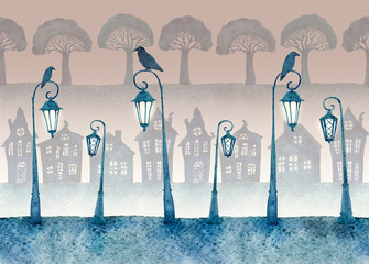 Endless street with lighted lanterns, ravens and silhouettes of houses and trees. Night in the town. Seamless pattern painted by watercolor.