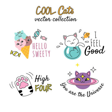 T shirt prints design for girls. Vector illustrations with funny doodle cats and quotes. Isolated on white.