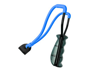 Black metal slingshot with a blue rubber band isolated on white