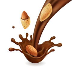 Almonds nuts in chocolate flow, vector realistic 3d illustration