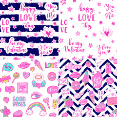 Vector seamless pattern set with fashion fun patches: lips, star, strawberry, cake, camera, on background. Pop art pink lovely stickers, patches for wedding, Valentine's Day