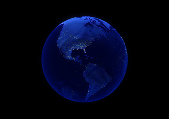 Blue point world globe North America and South America map with white dot cities on dark background.